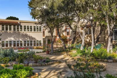 Beautiful garden area with lush greenery and pathways