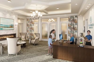 Bright lobby with residents and staff interacting