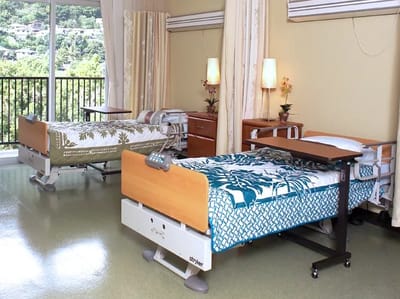 Shared resident room with hospital beds and decor