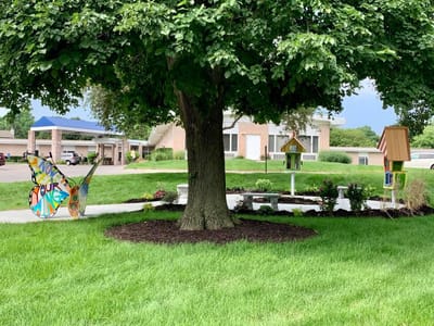 Outdoor area with a decorative butterfly and birdhouses