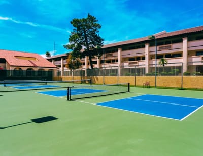 Outdoor tennis courts with a facility building in the background
