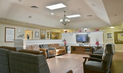 Bright common area with comfortable seating and decor