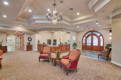 Interior view of a cozy common area with seating
