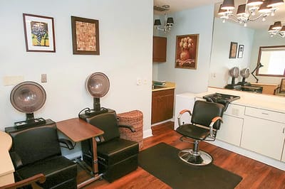 Saloon area with hairdryers and salon chairs