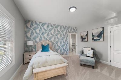 A well-decorated private room with a bed and chair