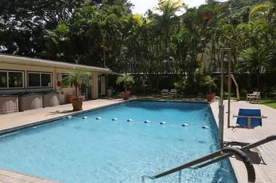 Swimming pool area surrounded by greenery