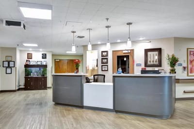 Reception area with front desk and decor