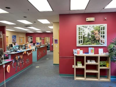Interior view of a colorful common area with decorations