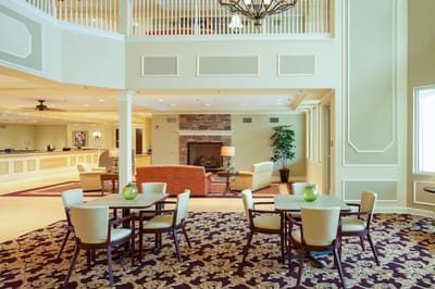 Interior common area with seating and fireplace