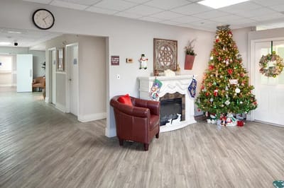 Bright common area decorated for the holidays