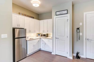 Modern kitchen interior with cabinets and appliances