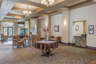 Bright and welcoming common area with seating and decor