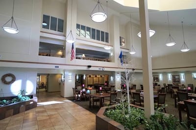 Bright dining area in a senior living facility
