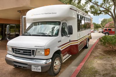 Facility transport vehicle parked outside