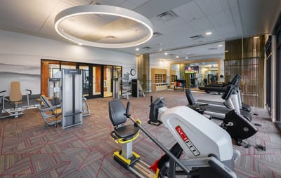 Well-equipped gym with exercise machines and bright lighting