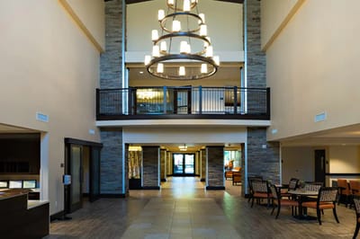 Bright common area with modern decor and seating