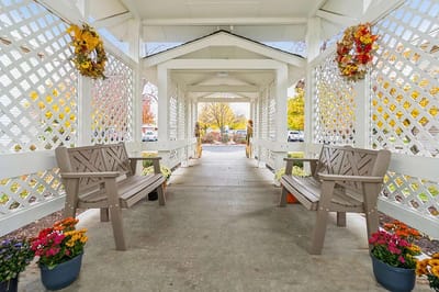 Outdoor walkway with benches and flower pots