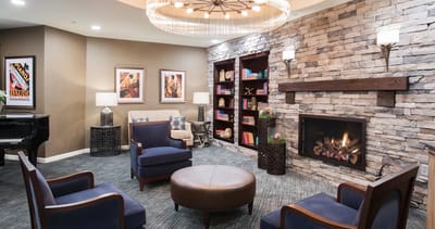 Cozy common area with seating and fireplace