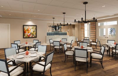 Bright dining room with elegant tables and decor