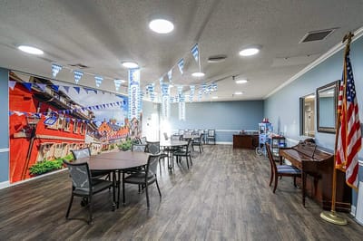 Common area with tables and decorations for an event