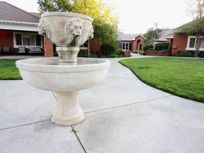 Outdoor fountain area with garden and pathways