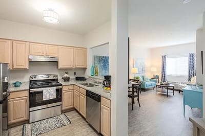 Bright and spacious kitchen in a senior living unit