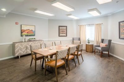 Bright dining room with tables and chairs