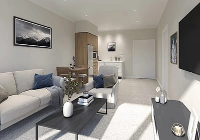 Bright, modern living room in a senior facility