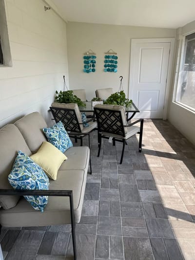 Bright common area with seating and plants