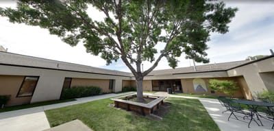 Outdoor courtyard with a large tree and seating area