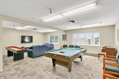 A pool table and lounge area in an activity room