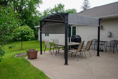 Outdoor seating area with a pergola