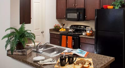 Well-equipped kitchen with countertop and dining setup