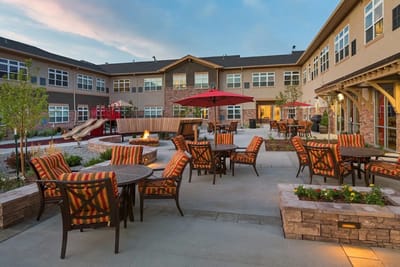 Outdoor courtyard with seating and fire pit