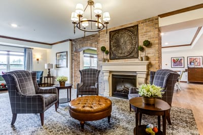 Cozy common area with comfortable seating and fireplace