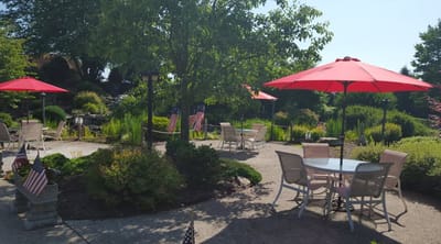 Outdoor seating area with red umbrellas and garden