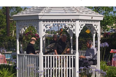Musicians performing in an outdoor gazebo during an event