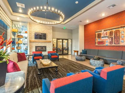 Bright interior lounge area with colorful furnishings