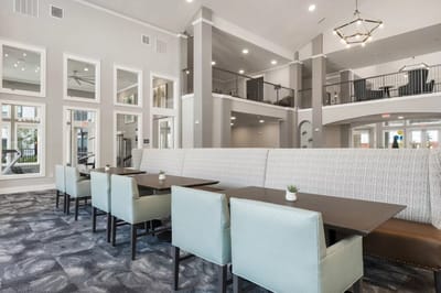 Bright interior communal space with seating