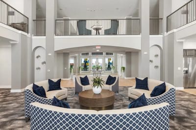 Interior view of a spacious common area with seating