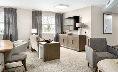 Interior lounge area with seating and decor