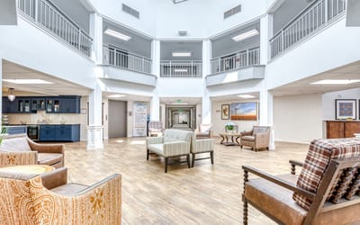 Bright and spacious common area with seating