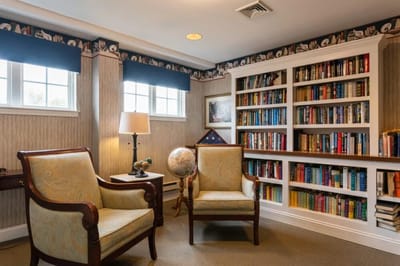 Cozy reading nook with chairs and bookshelves