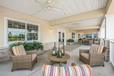 Outdoor seating area with chairs and tables