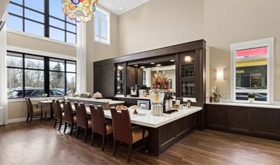 Bright and welcoming common area with a coffee station