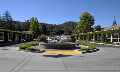 Outdoor view featuring a landscaped water fountain area.