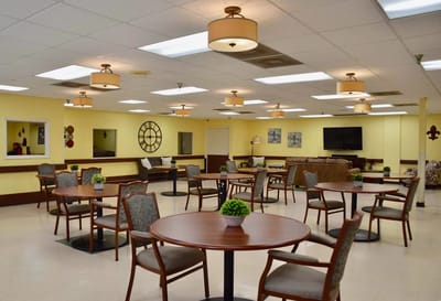 Bright dining room with tables and plants