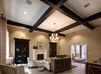 Welcoming common area with seating and fireplace