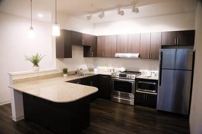 Modern kitchen interior with appliances and counter space