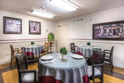 Cozy dining area with round tables and decor